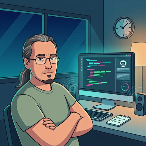 Developer vibe coding late at night with headphones and an AI assistant sidebar