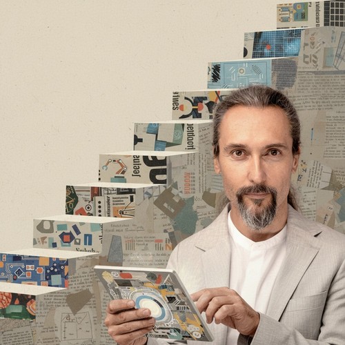 Portrait of Tomislav in a creative workspace surrounded by overlapping newspaper cutouts symbolizing web experiments, AI automation, and 3D visualization arranged as a staircase co