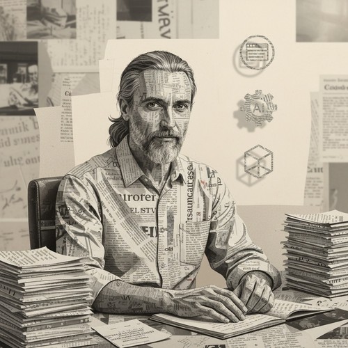 Person in a creative workspace made of layered newspaper cutouts with three ascending digital icons representing web, AI gear, and 3D cube floating beside them