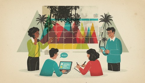 Vintage-inspired illustration of a small team around a large wall-mounted social media content calendar with colorful blocks, using retro and modern office tools in warm muted tone