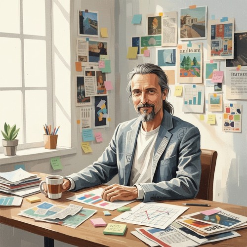 Person at a desk with a thoughtful half-smile, surrounded by layered newspaper clippings, sticky notes, and charts in a soft daylight creative workspace
