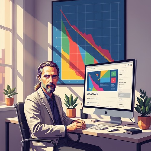 AI Overviews SEO impact: traffic graph dipping while an AI Overview dominates the search results