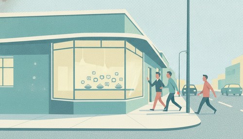 People walking past a small restaurant window filled with social media icons